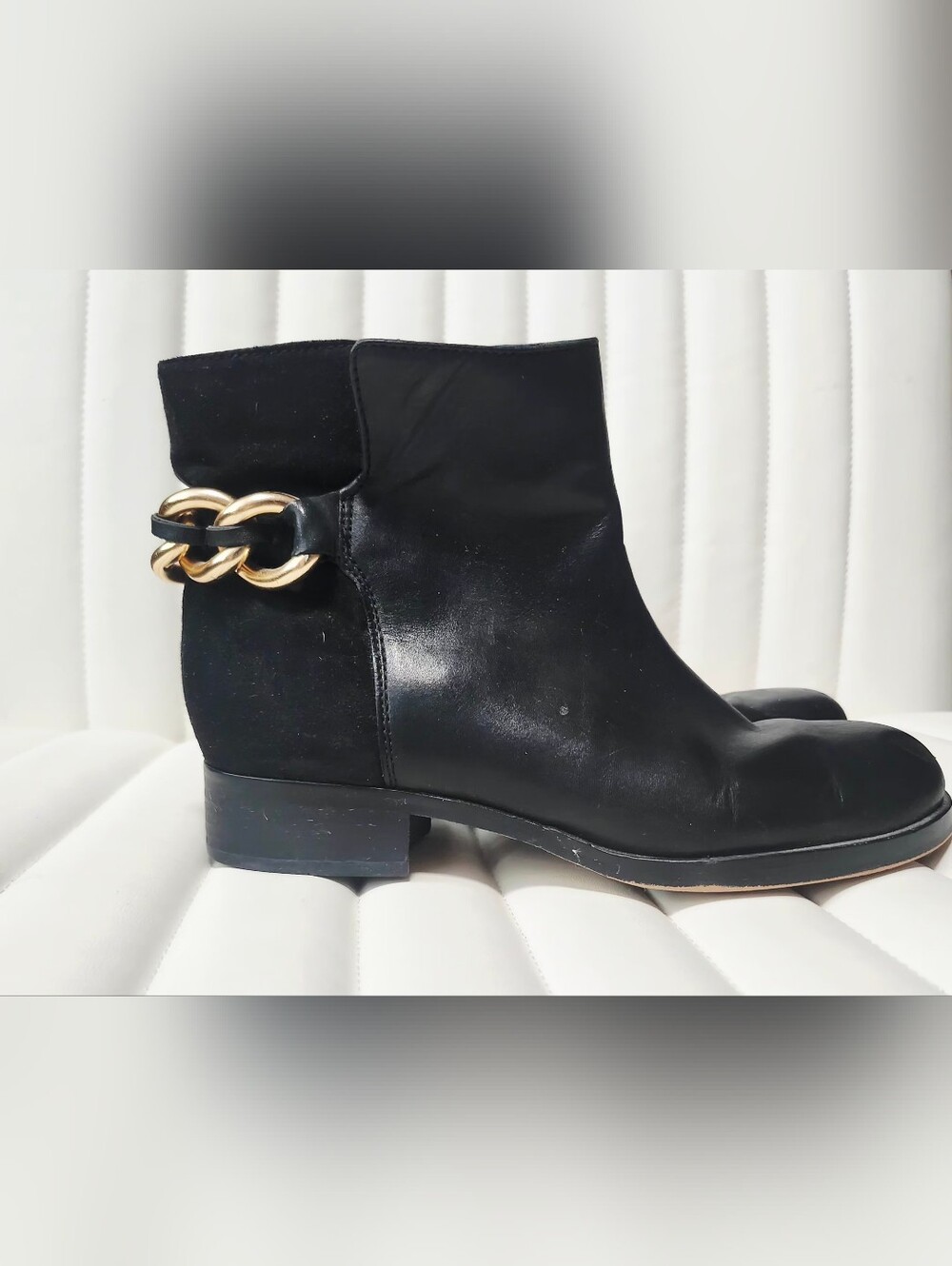 Sam Edelman Women's Black Ankle Boots with Gold Chain Accent